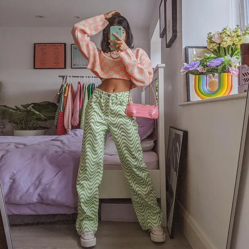 

Insdoit Irregular Striped Printed High Waist All-Matching Wide-Leg Pants Street Shot Thin Slimming Casual Pants Fashion