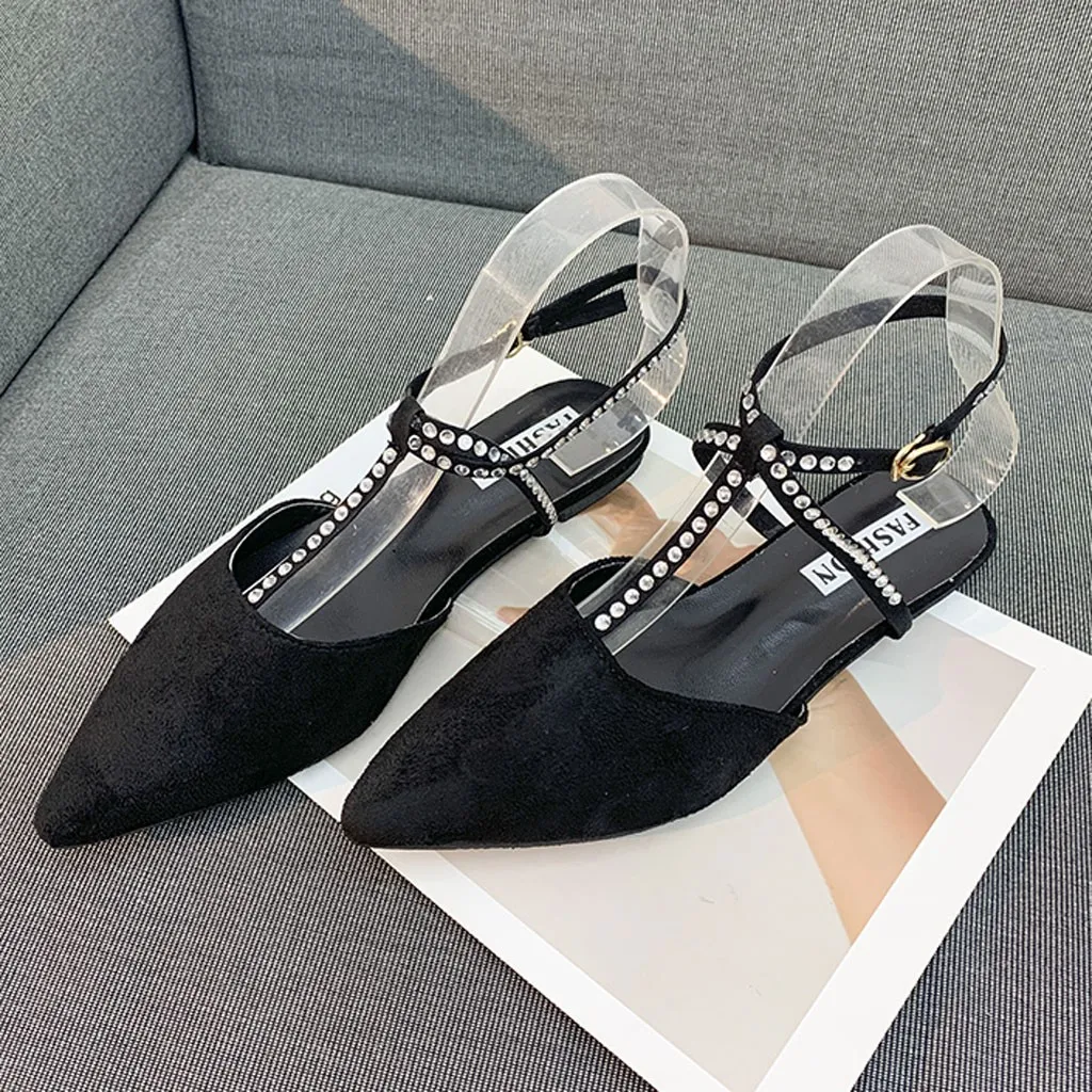 

Summer Shoes Women Rhinestone Buckle Sandals Large Size Pointed Toe Shoes Casual Fashion Flats Ladies Banquet Dress Pumps Shoes