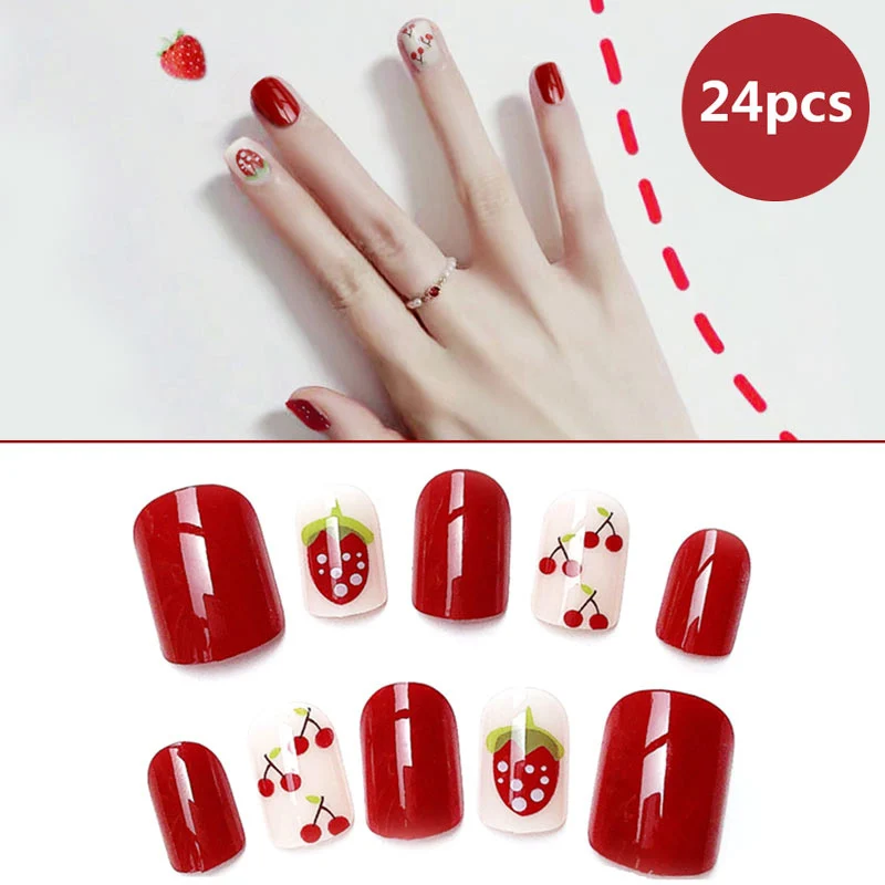 24 шт./компл. клубника вишня поддельные ногти Ins милая девушка дизайн ногтей