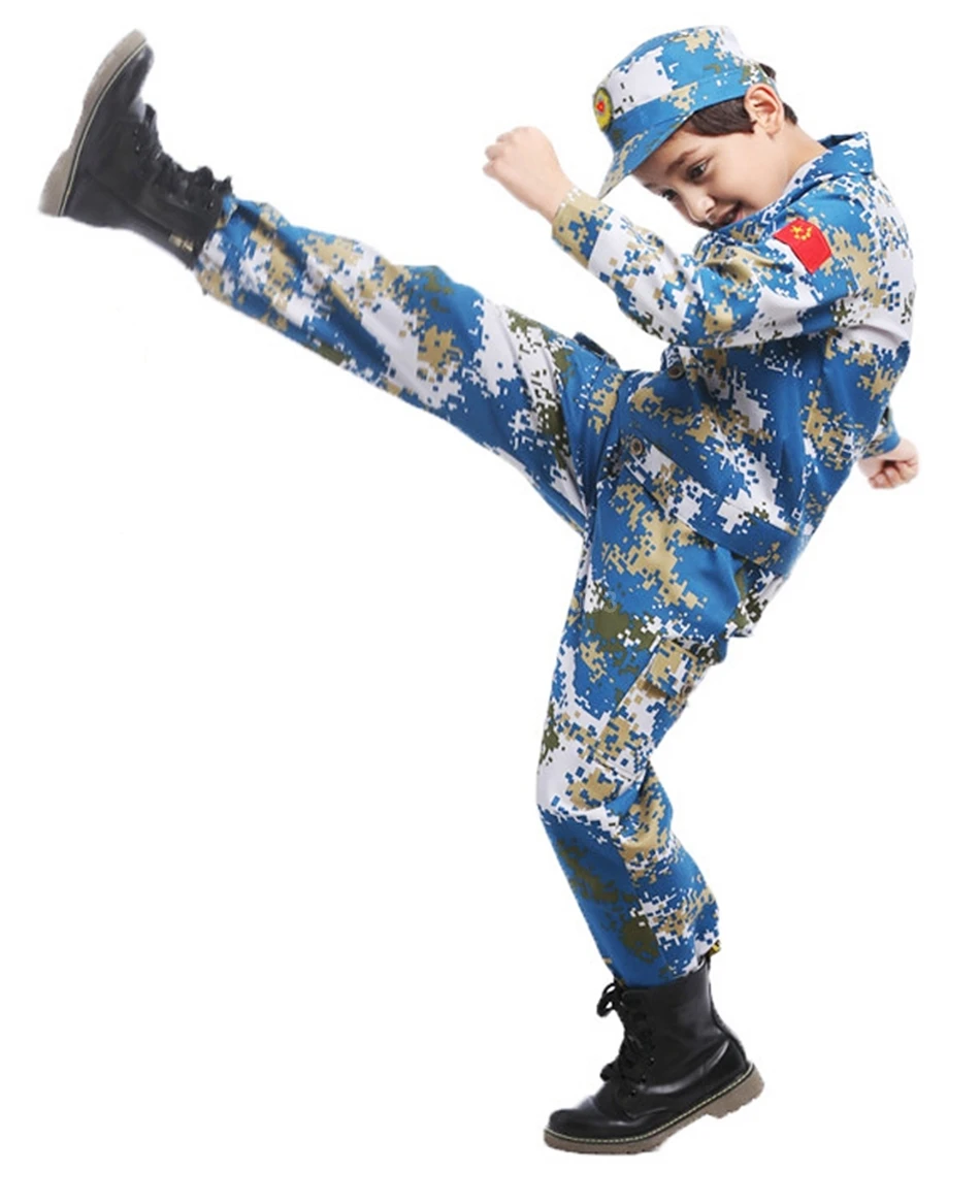 Детская военная форма, одежда для скаутинга в армейском стиле, камуфляжная детская одежда для костюмированной вечеринки+ штаны+ шляпа+ пояс, комплект для мальчиков и девочек, праздничные костюмы