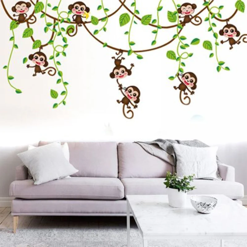 Детская мультяшная Наклейка на стену с обезьянками съемная наклейка украшение