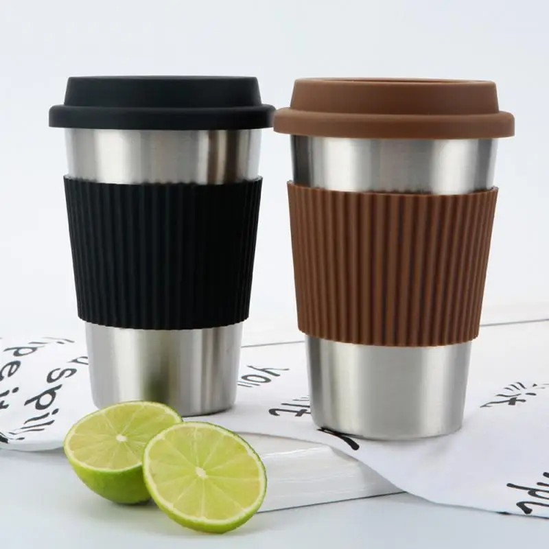 

400ml Stainless Steel Coffee Cups with Lids Non-slip Anti-scalding Sleeves Case Drinking Tumblers Beer Water Tea Coffee Mugs