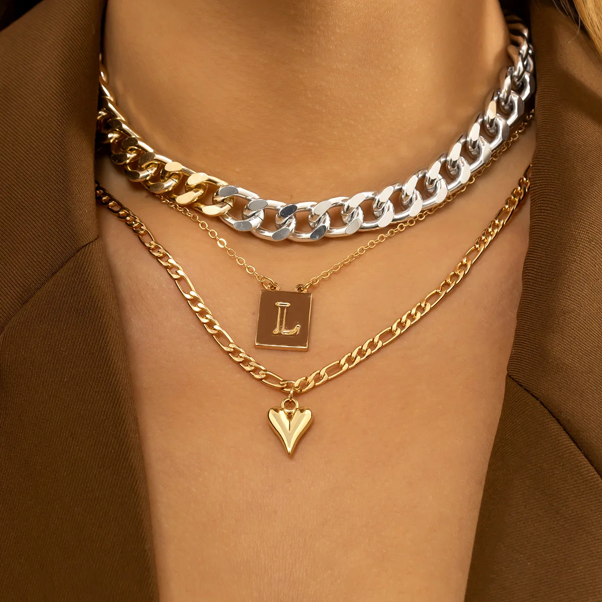 

New Trend Mixed Colors Multilayer Hip Hop Long Chain Heart Pendant Necklace For Women Jewelry Gifts Aesthetic Necklace Accessory