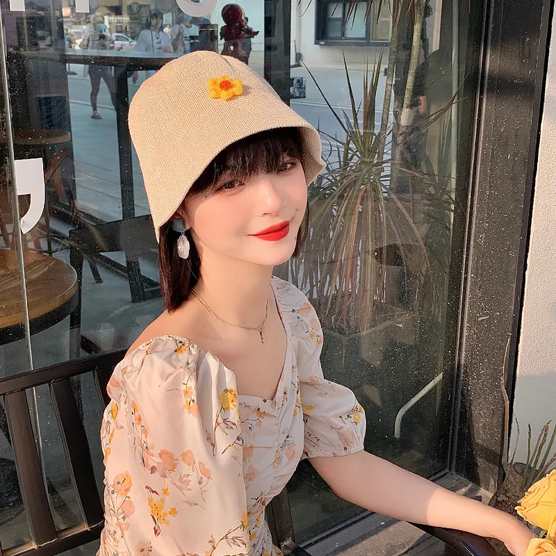 Female Spring Summer Women Fisherman Hat Basin Cap Woven Sun Solid Color Simple Yellow Flower Artist Hats Designer