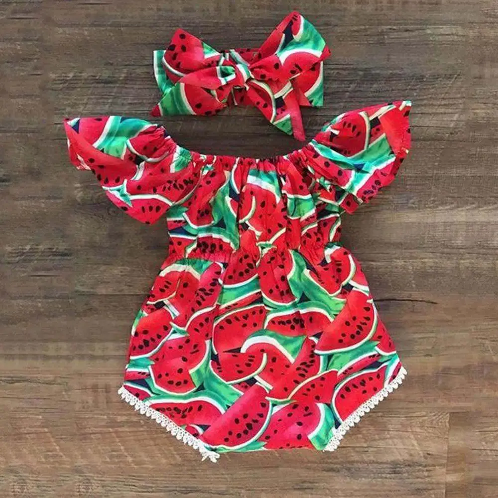 

PatPat 2020 New Arrival Summer Baby Girls Watermelon Print Bodysuit and Headband One Pieces Baby Clothes