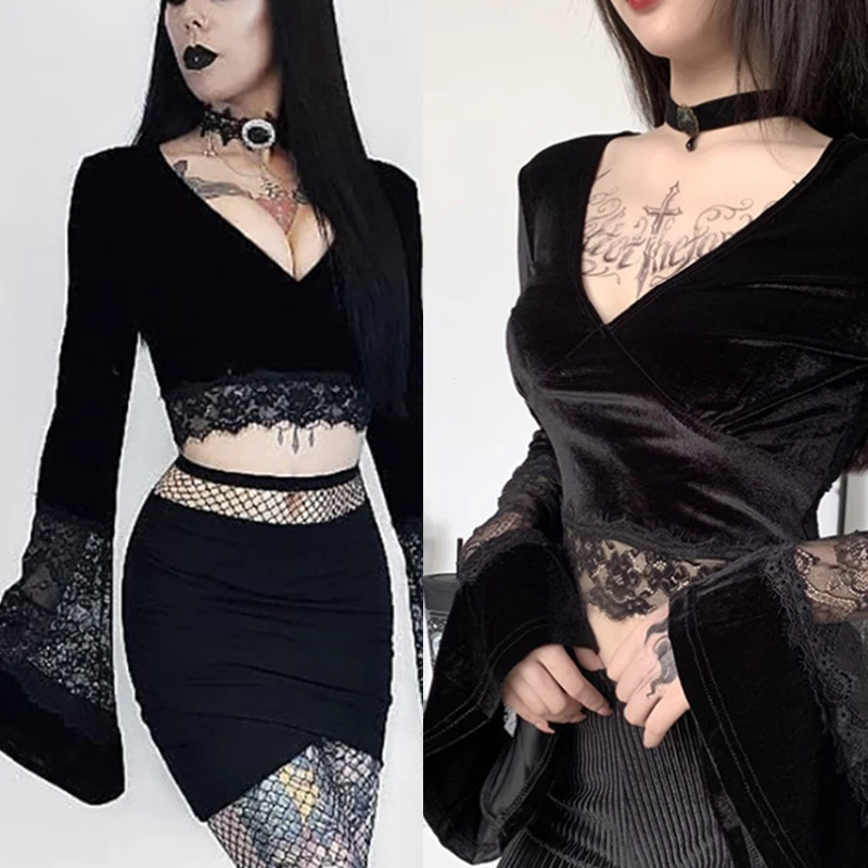 

Goth Sexy Women Crop Top Flare Long Sleeve Lace Hollow Out Black T-shirt Gothic Retro Bodycon Female V-neck Tops Elegant Tops