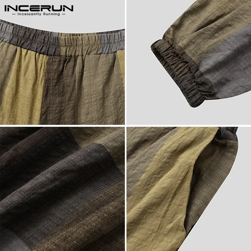 

INCERUN Men Harem Pants Cotton Joggers Elastic Waist Plaid Casual Drop Crotch Trousers Men 2021 Streetwear Chic Loose Pantalon