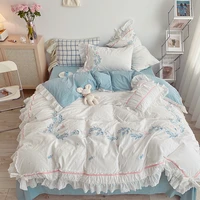 100 cotton korean blue embroidery lace bedding set linens bed linen quilt set twin bedding duvet cover 240x220 king size 4pc