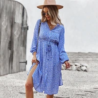 2021 spring new bandage dress women casual short sleeve button floral print dress for woman summer holiday style dress robe
