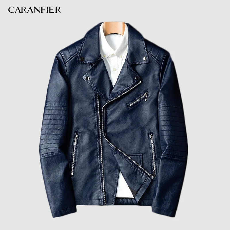 Синий CARANFIER Новое поступление мотоциклетная кожаная куртка Мужские кожаные куртки модные уличные стильные мужские кожаные пальто - Цвет: Синий
