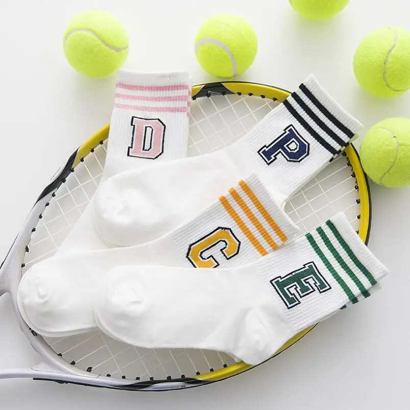 Women Solid Letter Embroidery Cotton Sock Girls Striped Cuff Embroidered Spring Summer Ankle Socks Short White Sport Sock 10pair