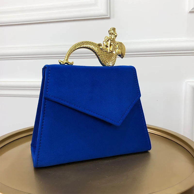 BXX Sac/женская сумка, винтажная, Русалка, металлическая ручка, сумка на плечо, сплошной цвет, для дам, синий бархат, вечерняя сумка ZB349