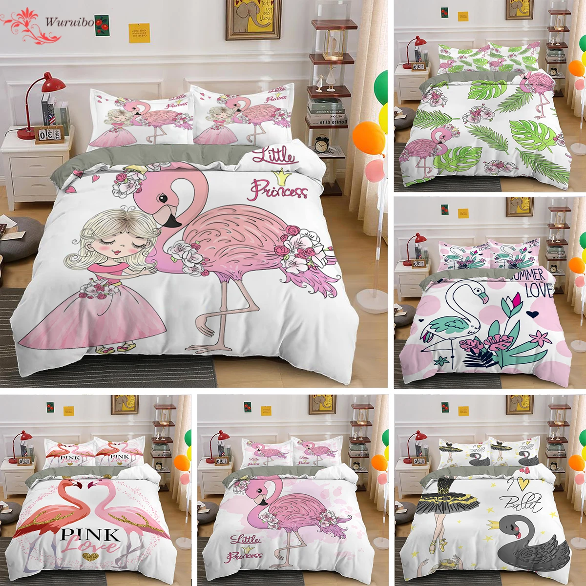 

Flamingo Duvet Cover Set Bright Swan Pattern Bedding White Pink Bed Sets 2/3PCS Summer Cartoon Single King Quilt /Pillow Covers
