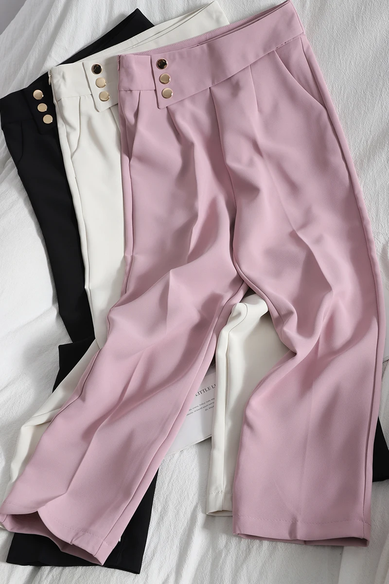 

Spring Elegant Breasted elegant Suit Pants Women's casual Pure Color Straight Pants Korean High Waist bottom Pants Office Lady