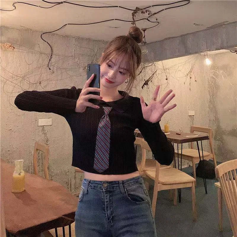 Camiseta de manga larga con cuello de polo retro para mujer, suéter de punto de seda de hielo, top de Camisa ajustada delgada exterior, estilo de Hong Kong, otoño 2021