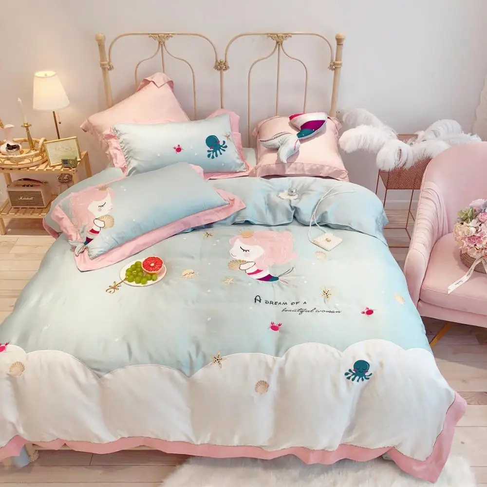 

4pcs Egyptian cotton Duvet Cover Sets King Size Bedding Sets Pillowcases Mermaid throw bed cover jogo de cama Bed Linen