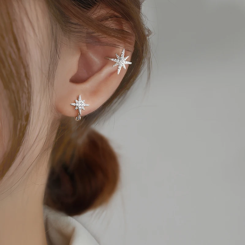 

[Z Young LADY'S] Eight-Pointed Stars Ear Clip Female Sterling Silver Earrings Stud nian New Style Tide Earrings South Korea