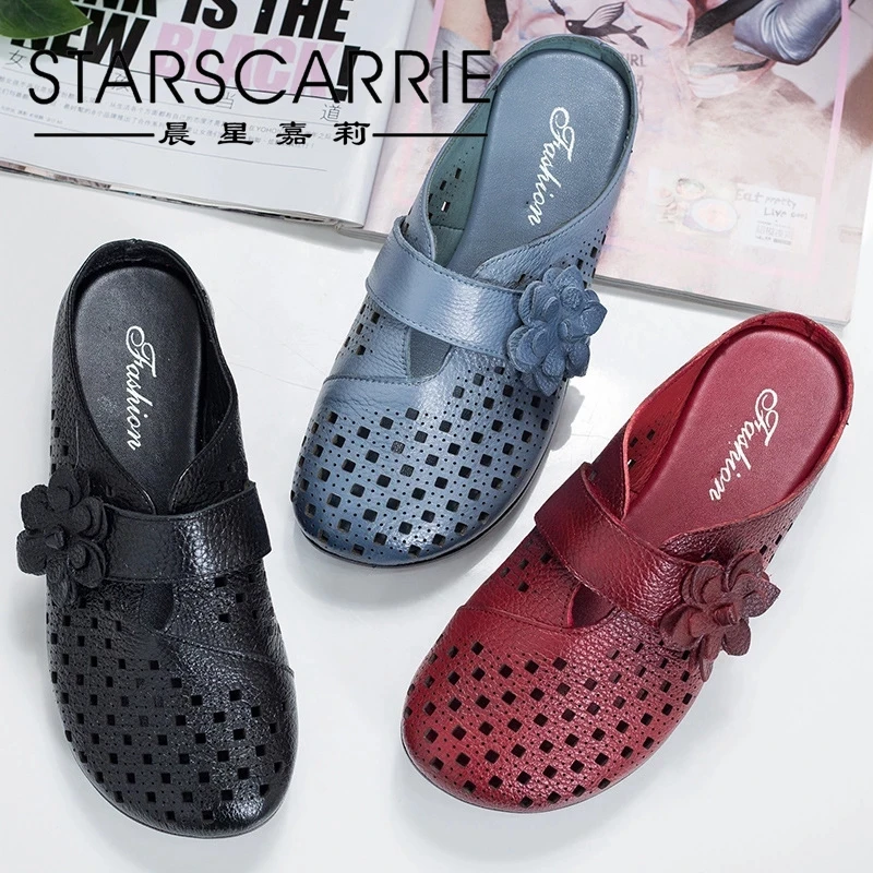 Сандалии женские кожаные на плоской подошве летние ажурные босоножки этническая