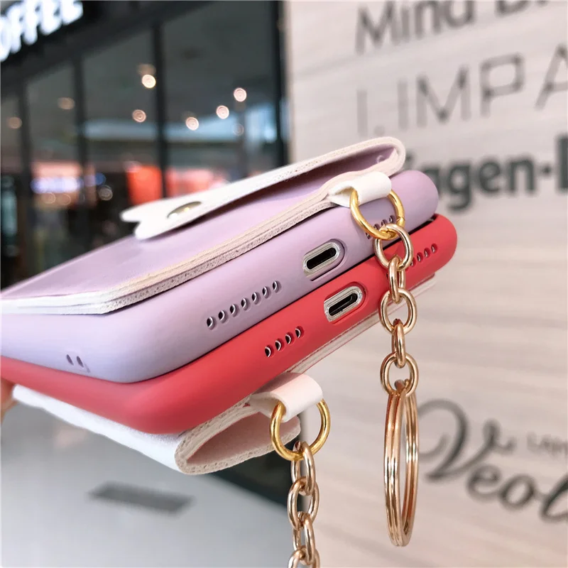 

Bracelet wallet women case for iphone 12 11 Pro XR X XS Max funda for iphone 12 mini 8 7 Plus strap buttons red cover matte back