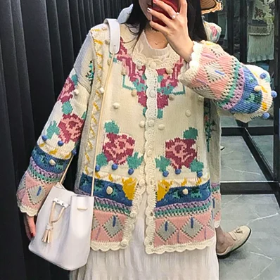 

2021 spring new jacket women Korean fashion sweater loose student casual knitted cardigan jacket V-Neck Floral
