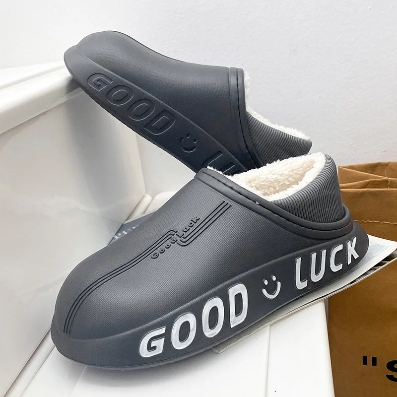 New Warm Plush Winter Women Cotton Slippers Waterproof Thick Sole Non-Slip Solid Couple Shoes Fashion Cozy Men House Slipper