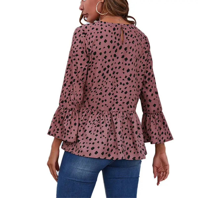 

Womens Flared Long Sleeve Dot Ruffle Blouse Fashion Loose Casual T-Shirt