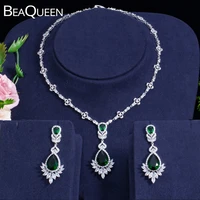 beaqueen gorgeous teardrop green cz crystal wedding earring necklace dress jewelry sets with marquise cubic zirconia js001