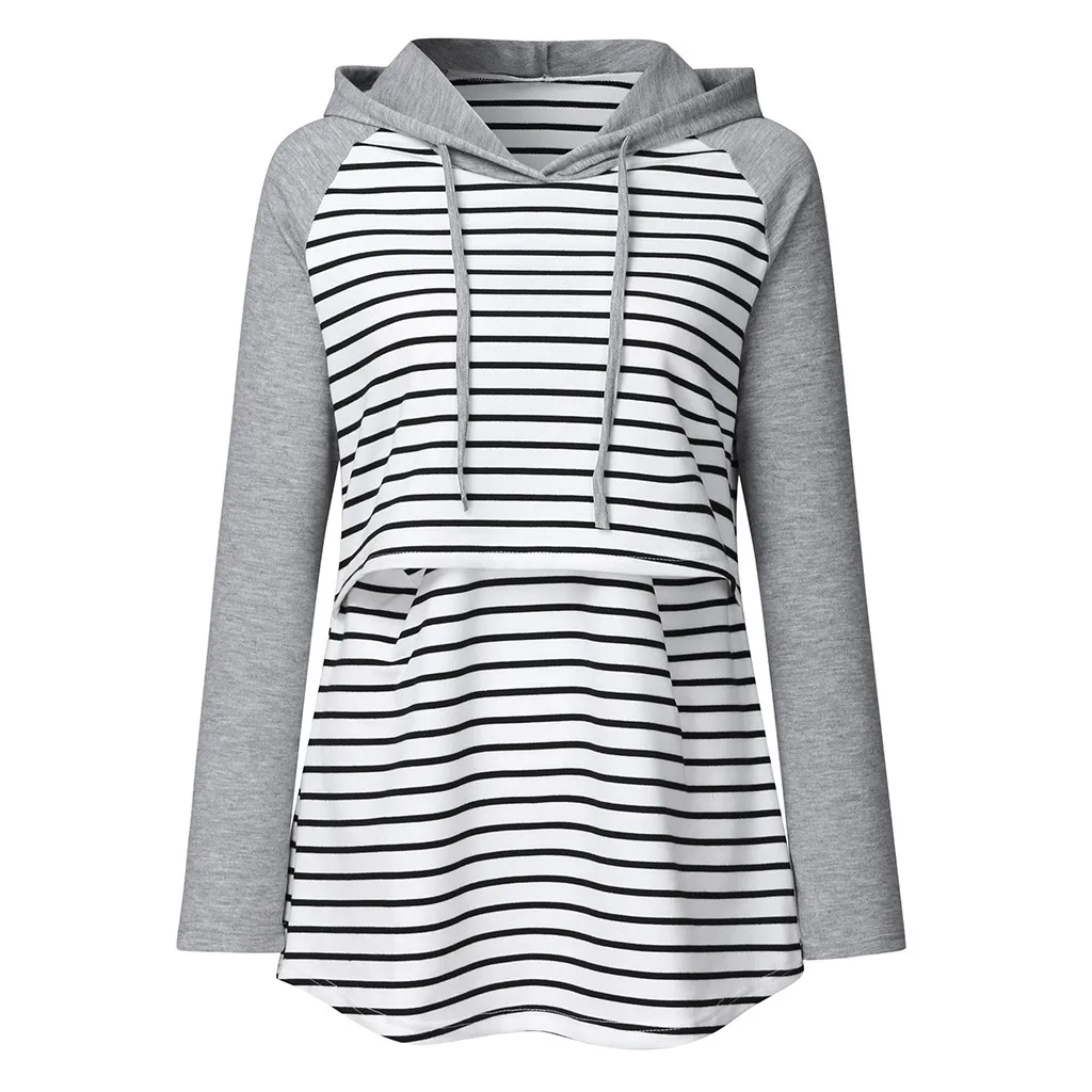 Свитшот для беременных женщин с длинным рукавом полосатые топы капюшоном Осень