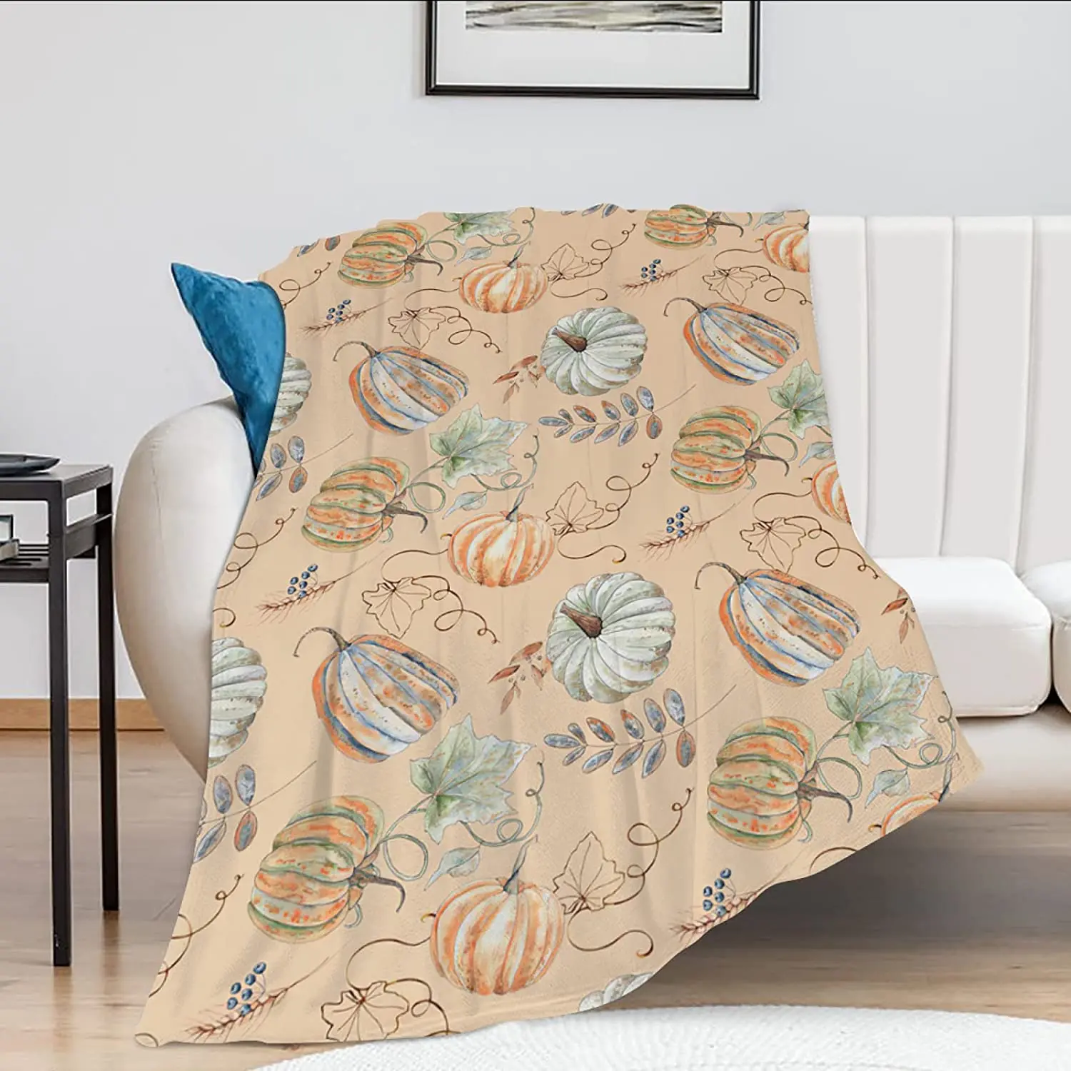 Manta de decoraci&oacute;n de oto&ntilde;o para el hogar, manta polar de franela con hojas de calabaza, superc&aacute;lida, para sof&aacute; y sala de estar-0