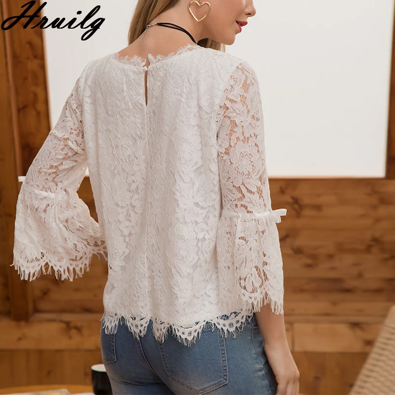 

Long Sleeve Lace Shirt White Hollow Out Sexy Fashion Loose Elegant Blouse Women Casual Office Lady Tops O Neck Autumn Ropa Mujer