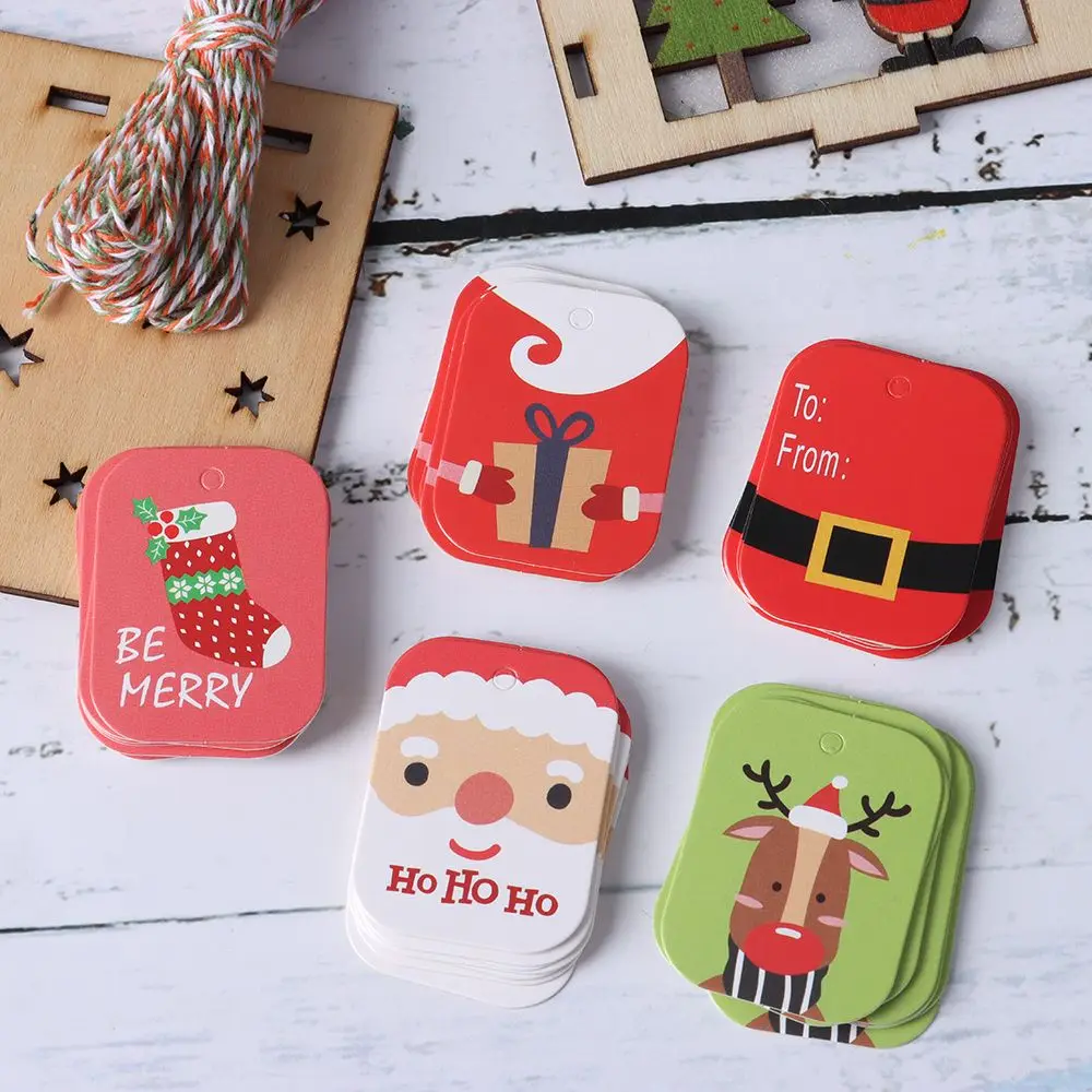 

50pcs New Christmas Kraft Paper Gift Tag Snowman Deer Santa Claus Label Hang Tags DIY Party Decor Xmas Gift Wrapping Supplies