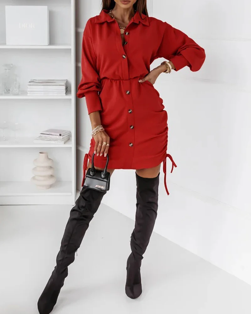 

Women Casual Side Drawstring Shirt Dress Retro Button Turn-down Collar Hem Hip Party Dress Autumn Fashion Long Sleeve Mini Dress