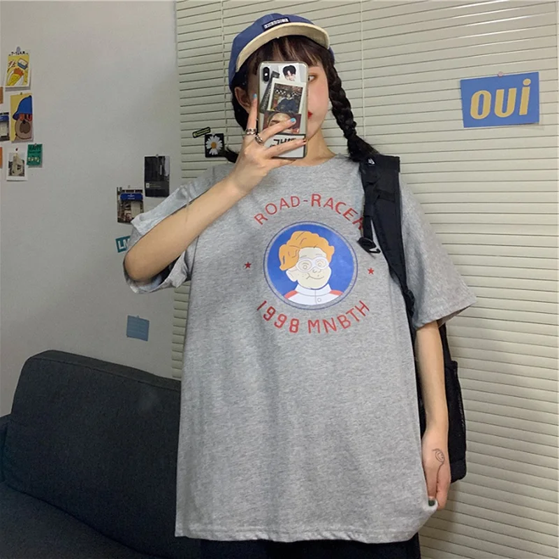 

Cotton T-Shirt Summer Korean Harajuku Style Road-Racer 1998 Mnbth Letter Cartoon Boy Print Pattern Short Sleeve Female Tops