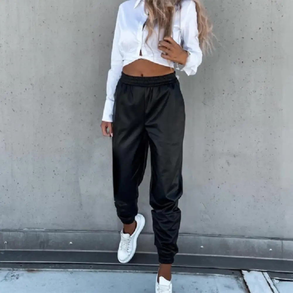 

Длинные брюки из искусственной кожи Женские Брюки Легкие уличные черные свободные повседневные брюки до щиколотки с карманами