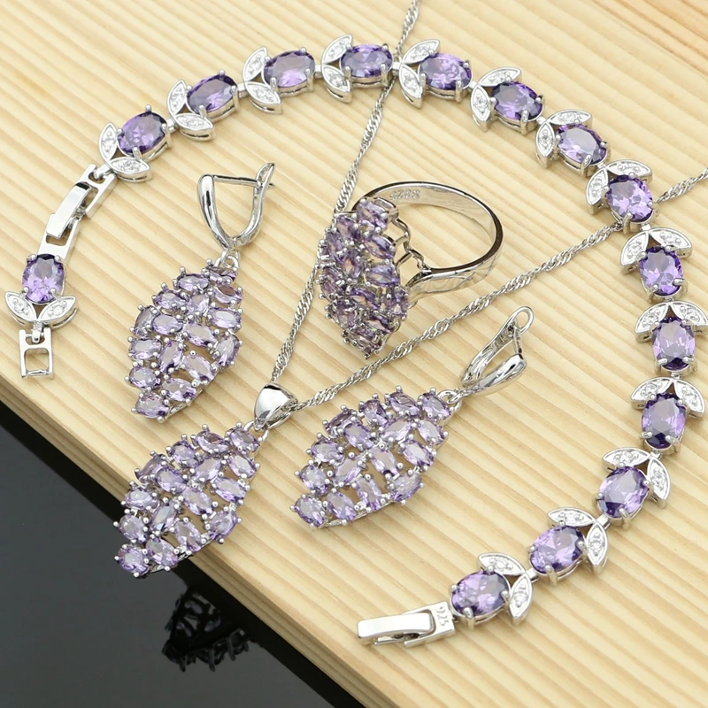 

Women 925 Sterling Silver Jewelry Sets Purple Amethyst Stone Earrings Rings Fashion Accessories Wdding Necklace Set Dropshipping