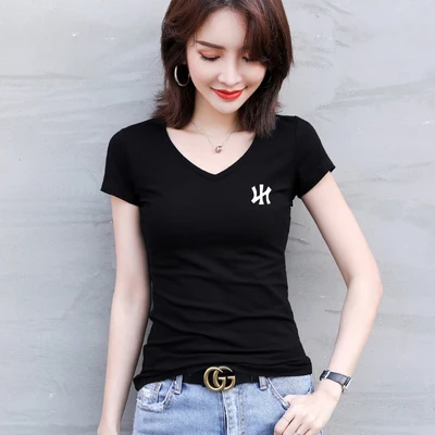 

Женская желтая футболка с коротким рукавом, Женская однотонная летняя облегающая футболка из чистого хлопка в Корейском стиле с V-образным ...