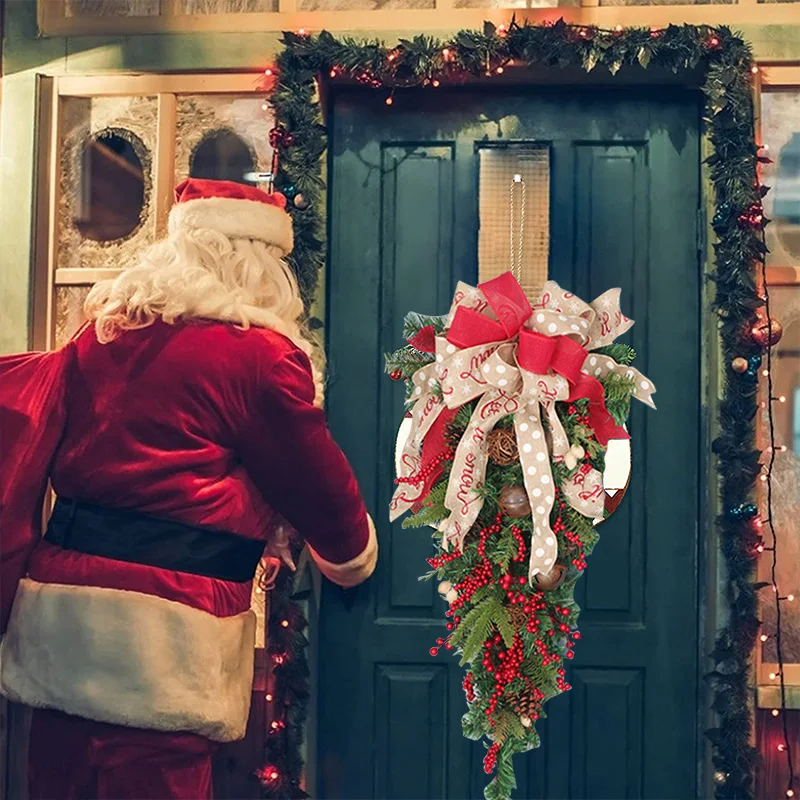 Corona Roja con cintas, &aacute;rboles de pino, bayas, Vintage, decoraciones navide&ntilde;as, guirnalda para puerta y ventana-4
