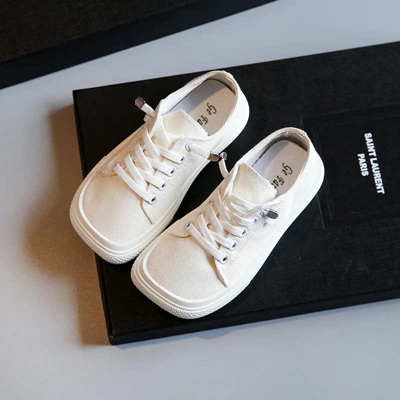 

Children Canvas Shoes 2021 Summer Fashion One-pedal Square Toe Boy and Girl Casual Flats School Shoes
