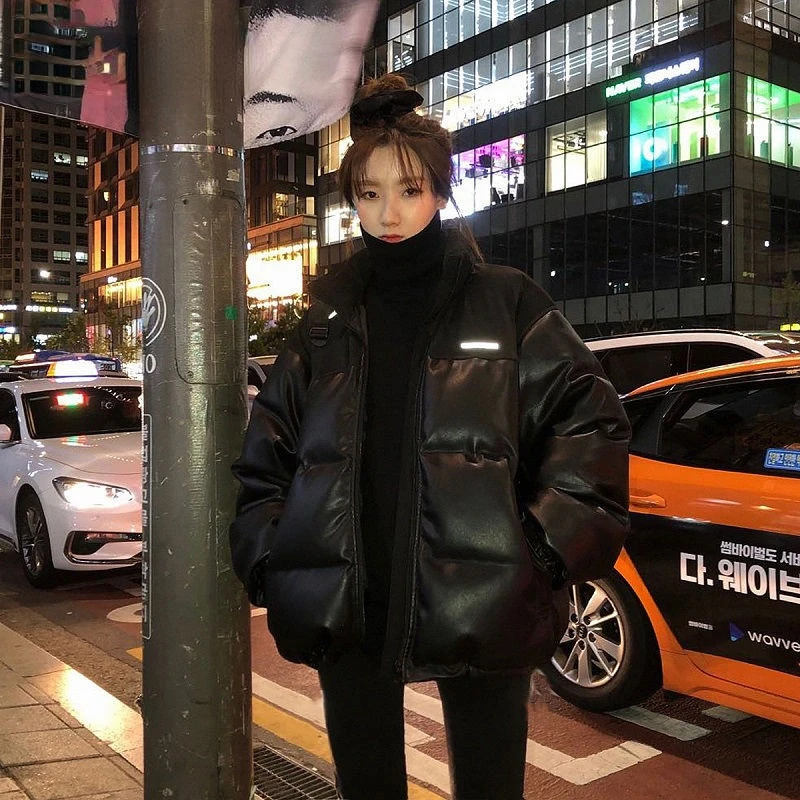 

Женское однотонное пальто на молнии, повседневное Свободное пальто из искусственной кожи и хлопка с капюшоном, 2022