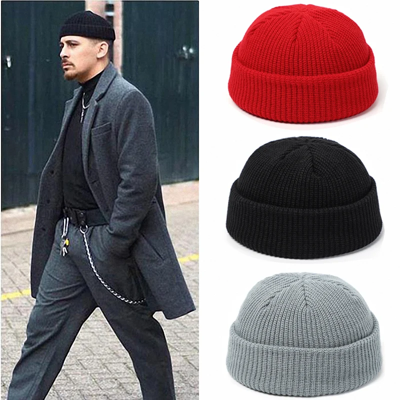 

Knitted Beanie Hat Men Skullcap Women Winter Warmer Retro Brimless Baggy Melon Cap Black Cuff Docker Beanies Hats For Men 2020