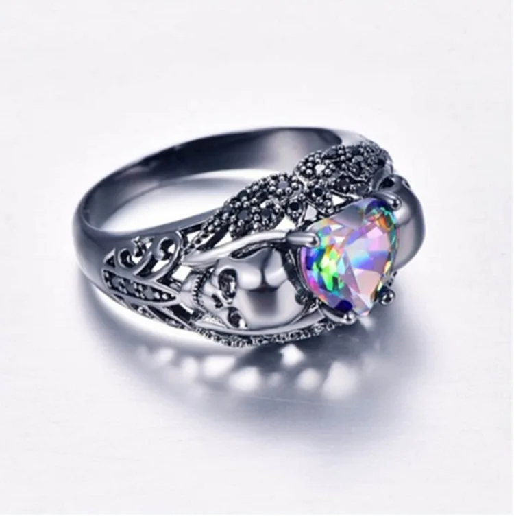 

New Exquisite Black Love Heart Rainbow Pink Zircon Black Gold Skull Ring for Women Jewelry Wholesale Drop Shipping Accessories