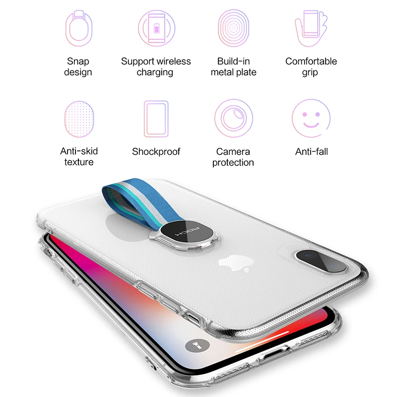 Защитный чехол ROCK с держателем и ремешком для iPhone X прозрачный кольцом на палец