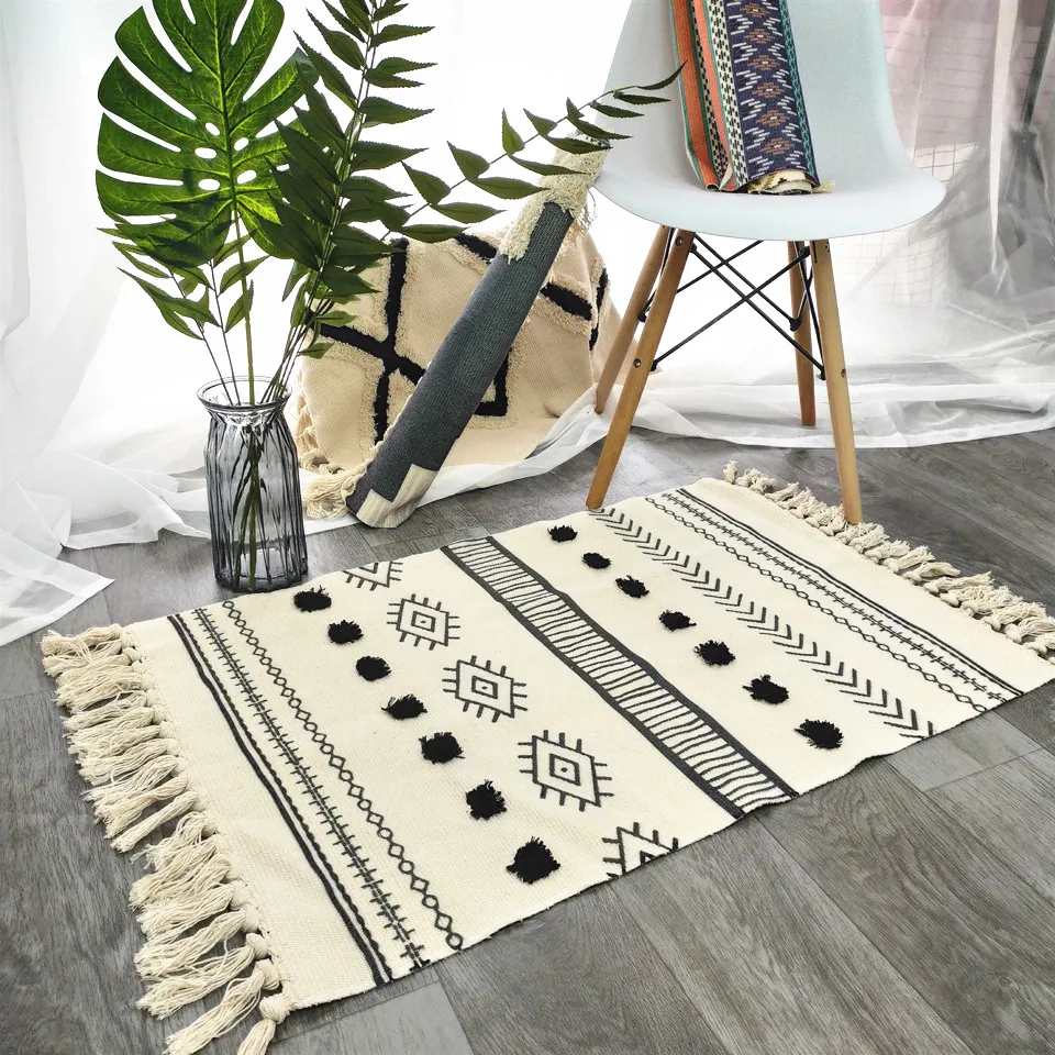 Хлопковый 3d ковер с кисточками скандинавский этнический черно белый