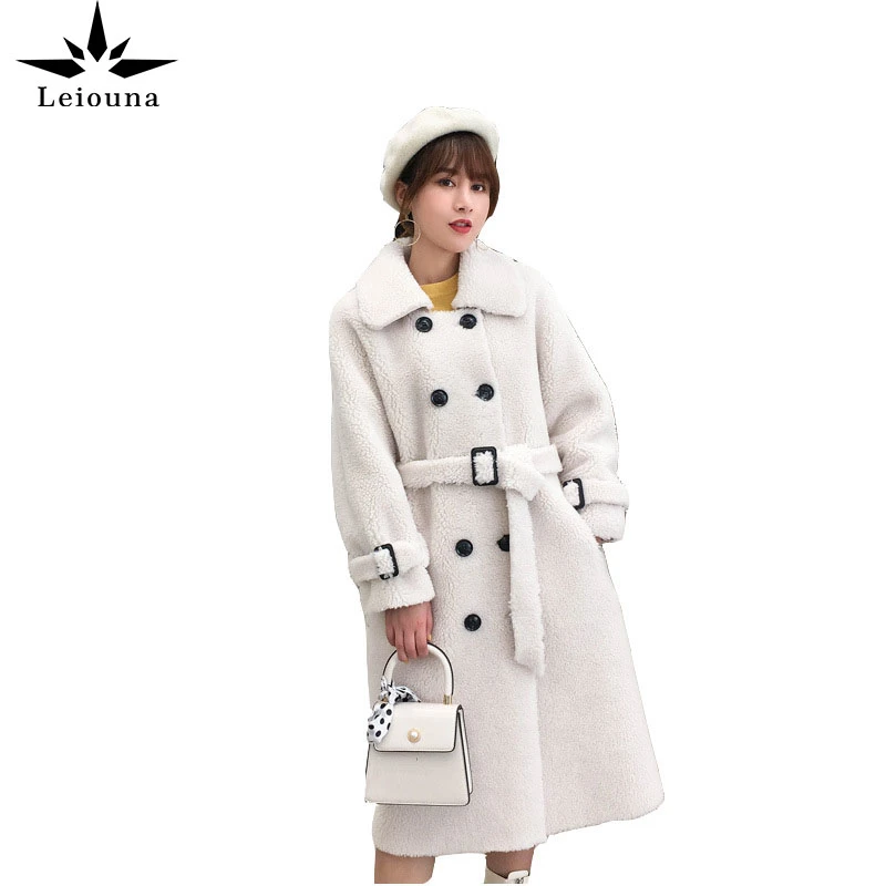 Leiouna Long Sleeve Thick Sheep Shearling Fashion Women Faux Fur Coat Trend Pattern Belt Winter Wool Granule Warm Women Overcoat