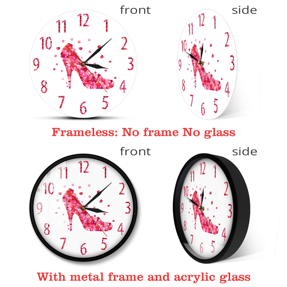 Часы настенные тихие женские на высоком каблуке с розовыми лепестками