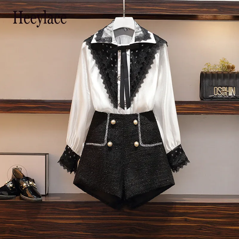

Plus size office ladies elegant vintage Spring 2 pieces set women lace patchwork long sleeve chiffon blouse and tweed shorts set