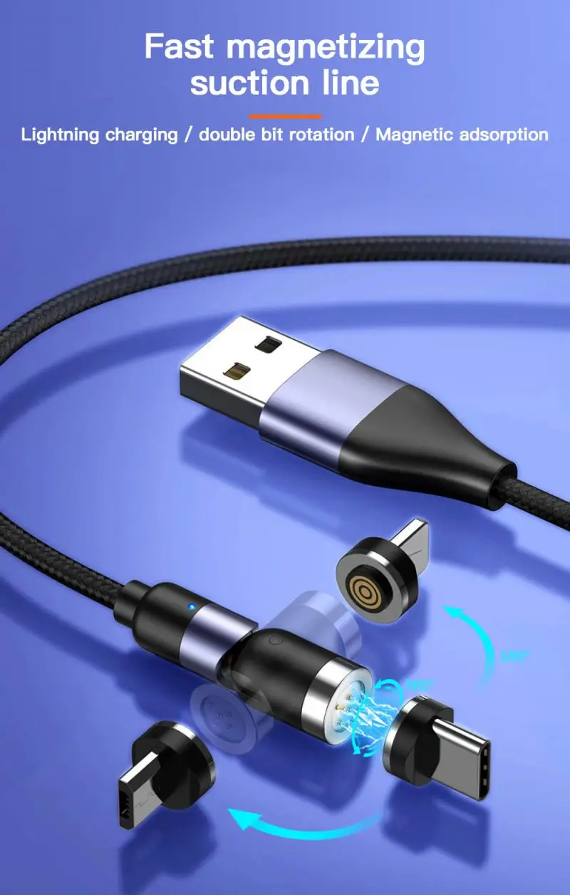

540 Degree Rotating Magnetic Cable Type C Micro USB Charging Cord For IPhone X Sansung Huawei Xiaomi Magnetic Charger Wire