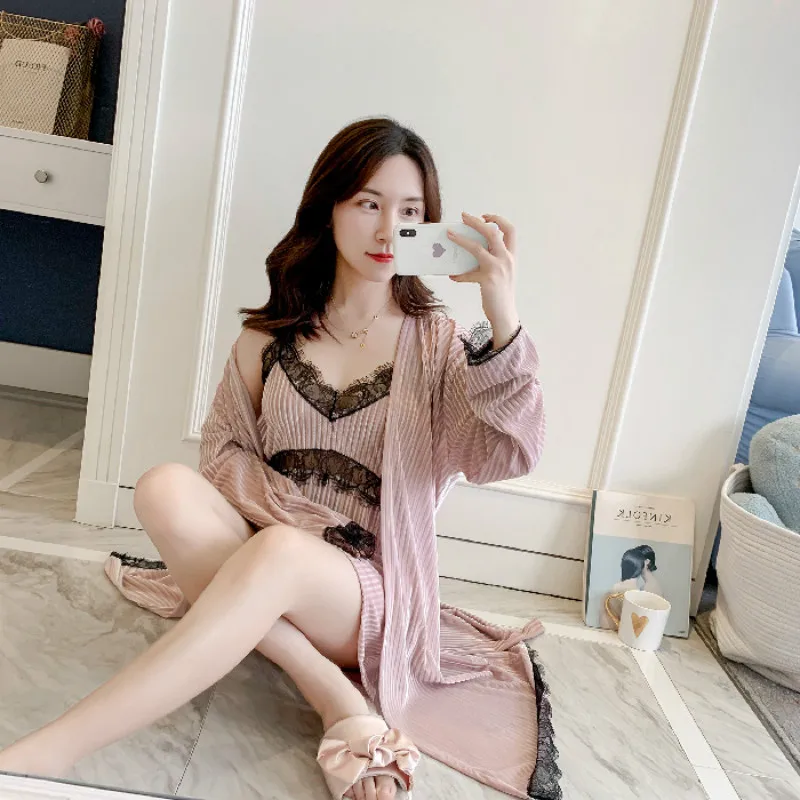 

Plush Two Piece Suit Autumn And Winter Thickened Suspender Robe New Style Nightdress Woman Pajama Female Sexy Home Wear