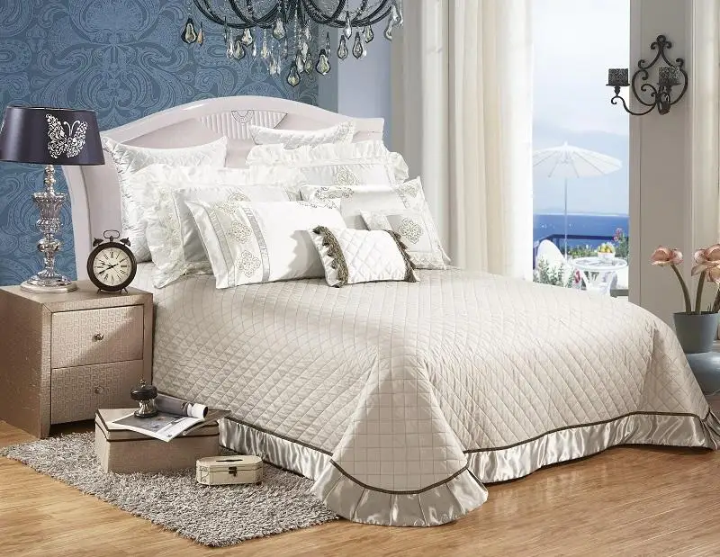 42 Cotton Silk Queen/King Size White Beige Royal Bedding set Duvet Cover Bed Spread Bedlinen 11Pcs Decorative pillow | Дом и сад