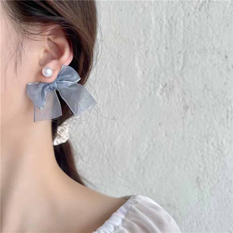 

New S925 needle Girl Bow Delicate Jewelry Sweet Korean Temperament Pretty Bowknot Pearl lace Earrings For Girl Lady Gifts